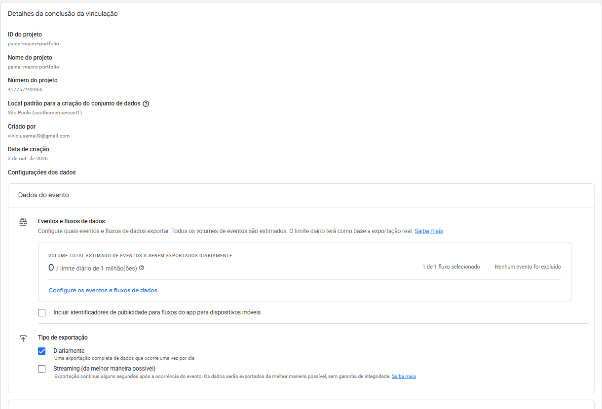 Vínculo GA4 → BigQuery com exportação diária