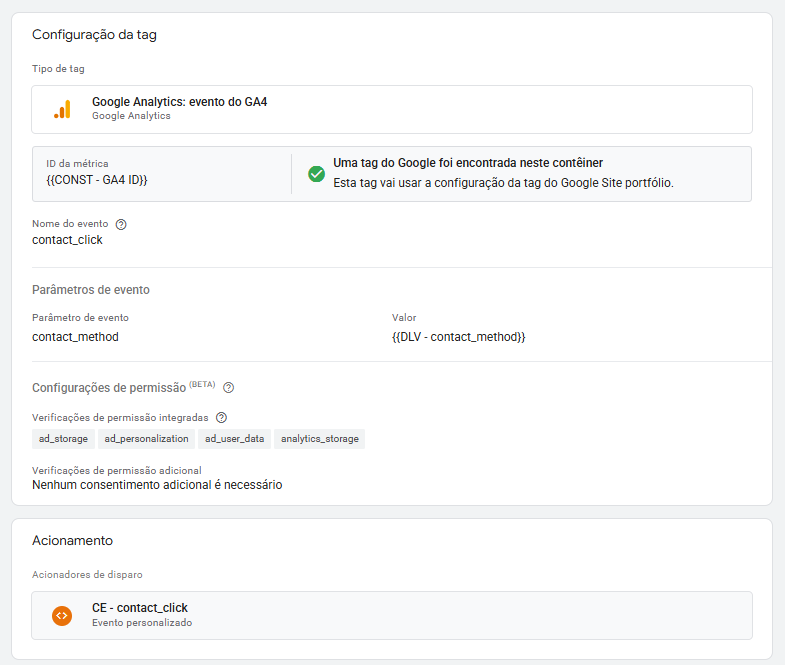 Tag de contact_click com seus parâmetros
