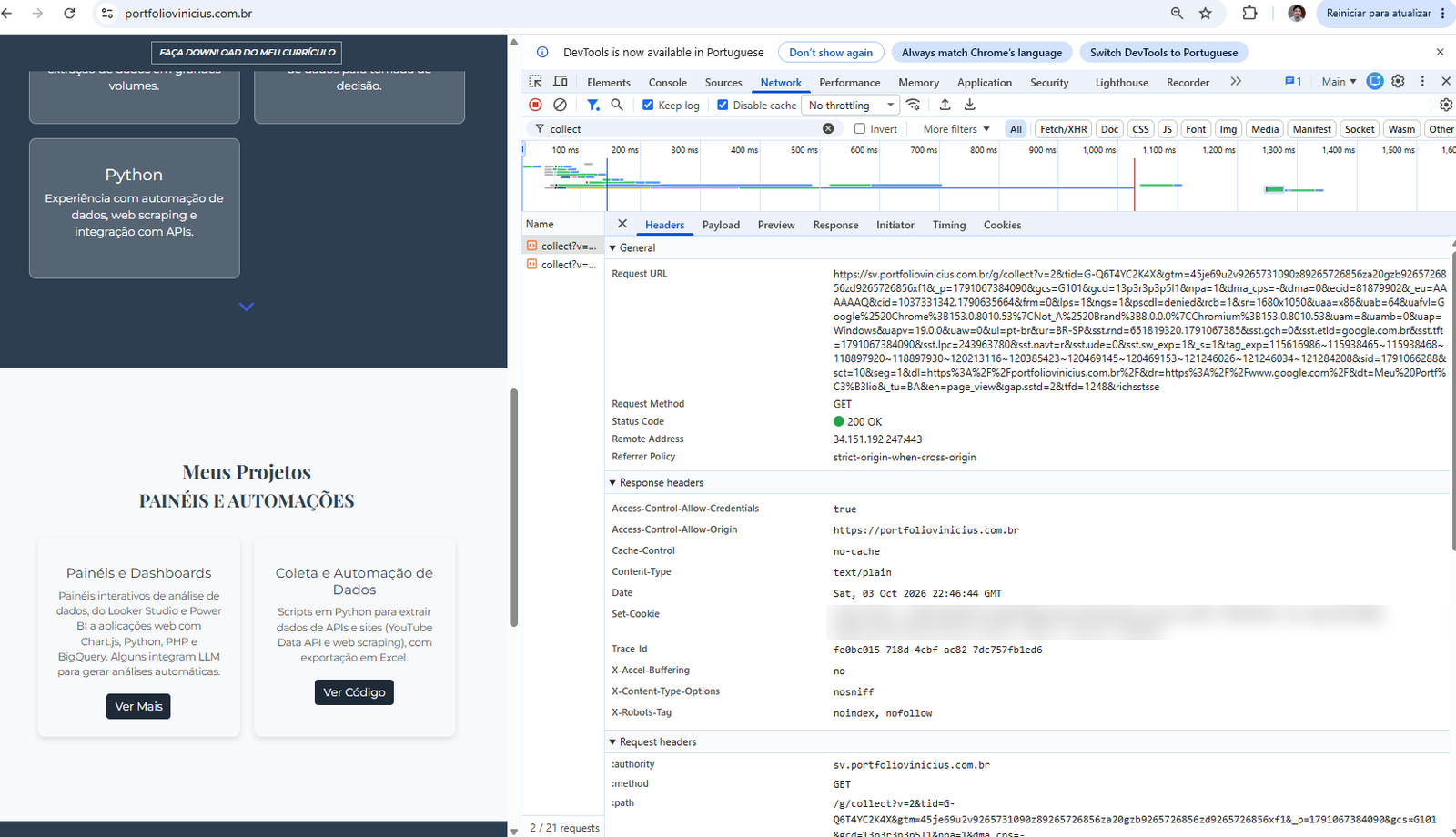 DevTools: o collect indo para sv.portfoliovinicius.com.br