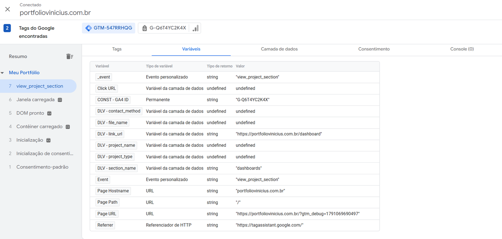 Tag Assistant com o evento disparado e as variáveis